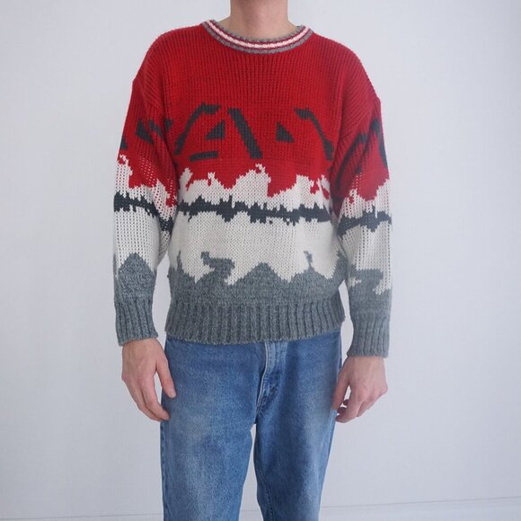 Vintage Club International Red Gray Eclectic Grandpa Outdoor Crewneck Sweater M - Picture 1 of 10
